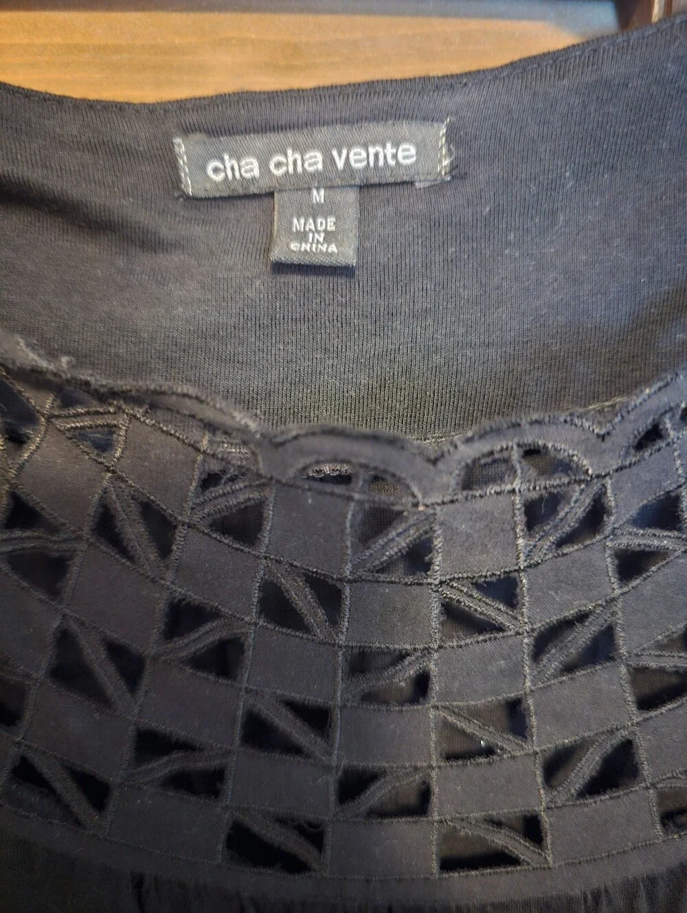 Cha Cha Vente Black Lattice Cut-Out Top — Size Medium